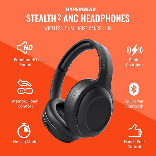HyperGear Headphones Wireless - Black Active Noise Cancelling Headphones Over Ear Bluetooth HD Audio Deep Bass Dual Noise Canceling Mics ANC Gym Headphone Wireless Over Ear Sound Cancelling Foldable