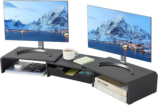 Dual Monitor Stand Riser with Drawer, Desk Organizer and Accessories, Metal Laptop Stand for Desk, Workspace Desktop Stand for Computer, Laptop, TV and More (Black)