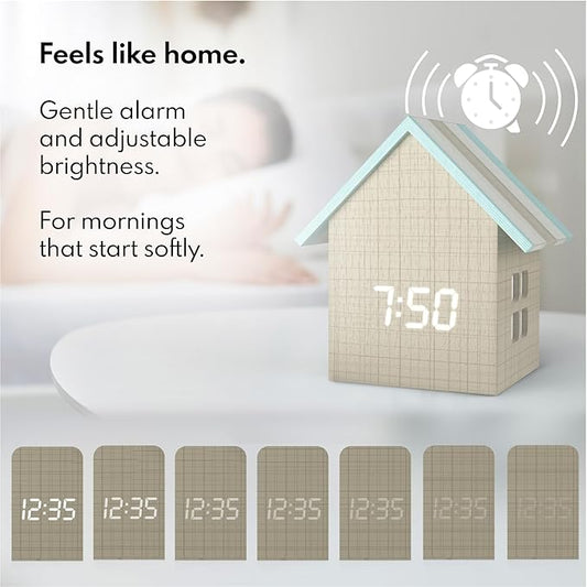 Driini Digital House Shaped Alarm Clock with Temperature Display (Stripe Wood) – Modern Aesthetic - Cute Cube Frame and White LED Dimmer - Perfect Small Desk Clock for Bedside Table or Bedroom Mantle