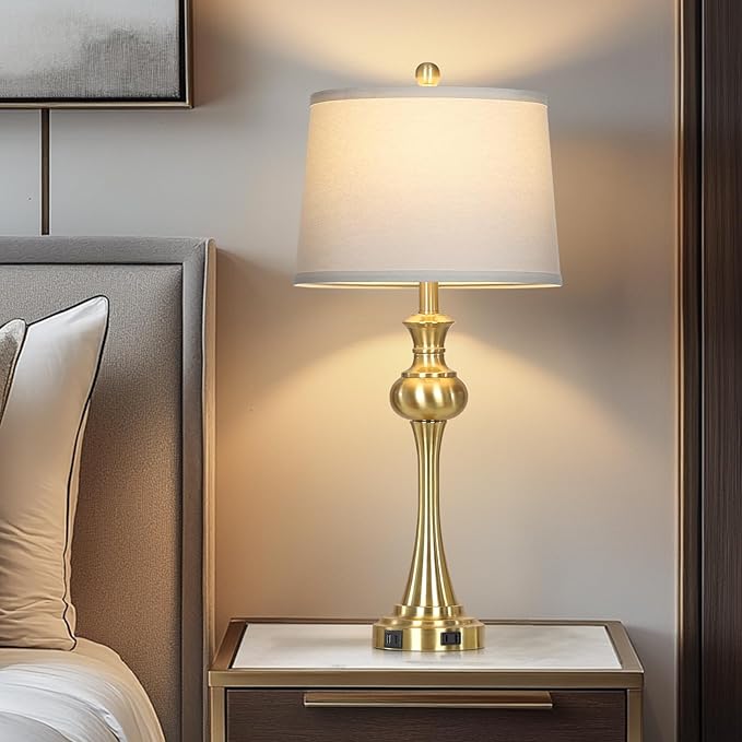 28.75'' Gold Table Lamps for Living Room, 3 Way Touch Control Bedside Lamps with USB A+C Ports & AC Outlets, Modern Metal Nightstand Lamps for Bedroom Living Room Office End Table(Bulb Included)