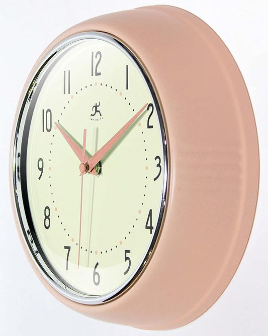 Infinity Instruments LTD. Retro 9 inch Silent Sweep Non-Ticking Mid Century Modern Kitchen Diner Wall Clock Quartz Movement Retro Wall Clock Decorative (Rose Blush)…
