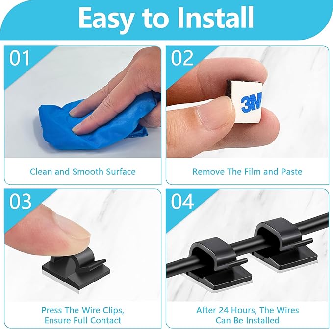 100PCS Adhesive Cable Clips, Wire Holder Organizer Cord Management, Cable Staples Outdoor Strong Cord Clips for Wall, Desk, Christmas Lights, String Lights, TV PC Ethernet Cable, Black Small