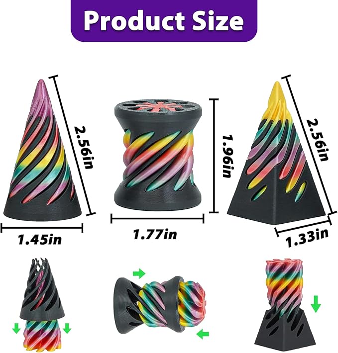 3 Packs Impossible Spiral Cone Fidget Toys,3D Printed Pyramid Passthrough Sculpture,Mini Sensory Toy for Stress Relief Anxiety,Desktop Decor Gifts for Adults & Kids (Rainbow Black)