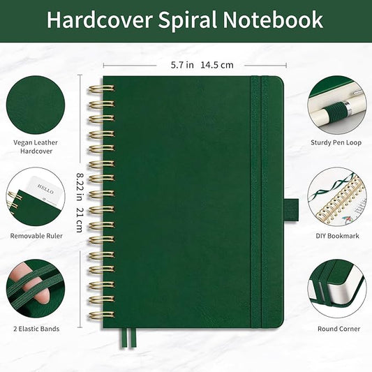 EMSHOI Bullet Dotted Journal Spiral Notebook - 300 Pages, A5 Hardcover Leather, 100 GSM Thick Dot Grid Notebook for Women Men Work Writing, Bullet Journaling, Drawing, 5.7" x 8.22", Dark Green