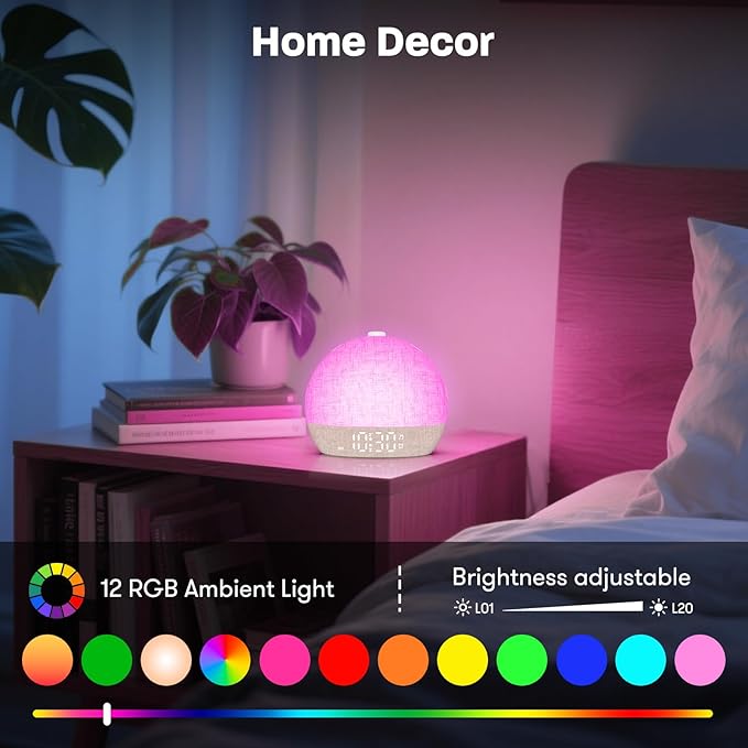 Wake Up Light Sunrise Alarm Clock, White Noise Sound Machine with 30 Soothing Sounds, Dimmable Night Lights, Sleep Aid, Snooze, Timer, Loud Alarm Clock for Heavy Sleepers Adults Kids, Ideal for Gift