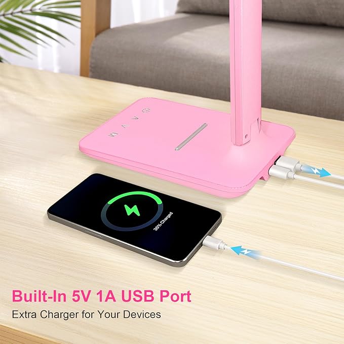 White crown LED Desk Lamp Dimmable Table Lamp Reading Lamp with USB Charging Port, 5 Lighting Modes, Sensitive Control, 30/60 Minutes Timer (Pink, First-Generation)