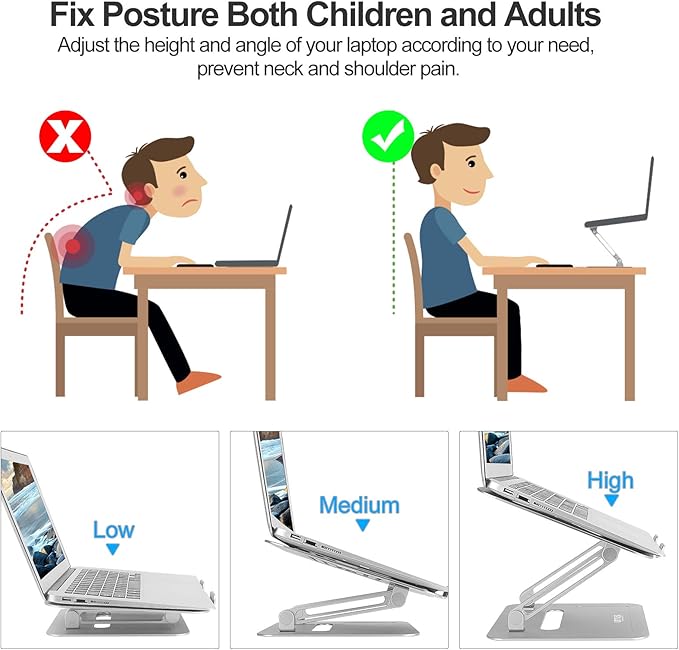 Urmust Adjustable Laptop Stand for Desk Aluminum Computer Stand for Laptop Riser Holder Notebook Stand Compatible with MacBook Air Pro Ultrabook All Laptops 11-17 inch (Silver)