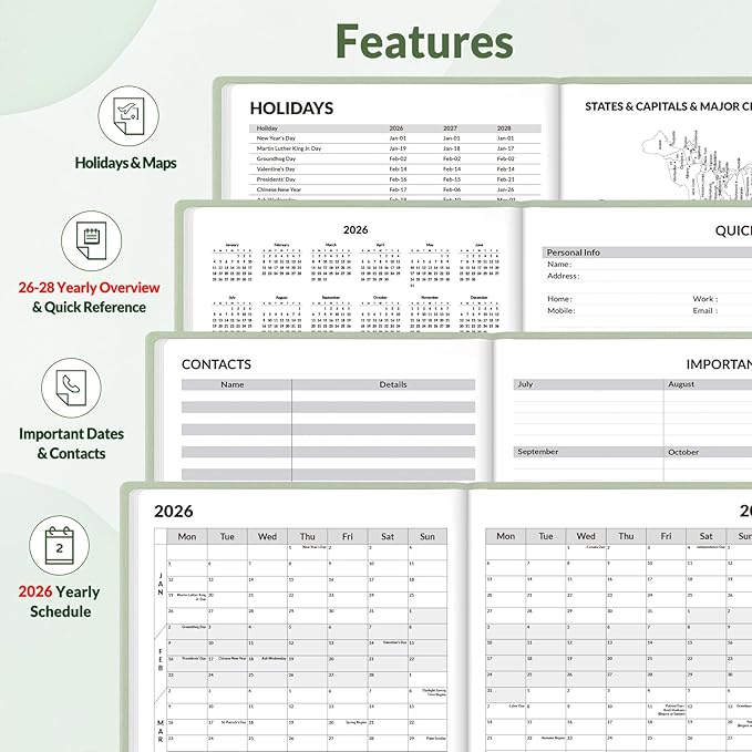 SUNEE 2026 Weekly & Monthly Hardcover Planner 5.5" x 8.3" - 12 Month (January 2026 - December 2026), Small Hardcover Planner, Pocket, Notes, 100 GSM Paper, Sage Green