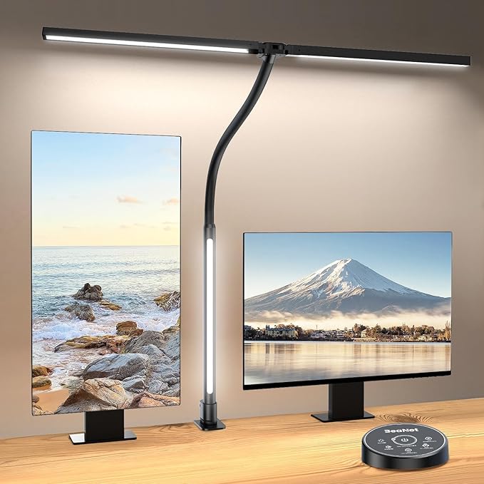 LED Desk Lamp with Clamp,Architect Desk Lamp for Home Office,24W Ultra Bright with RGB Atmosphere Lighting,Remote Control,5 Color Modes & 5 Dimmable Eye Protection for Monitor Studio Reading
