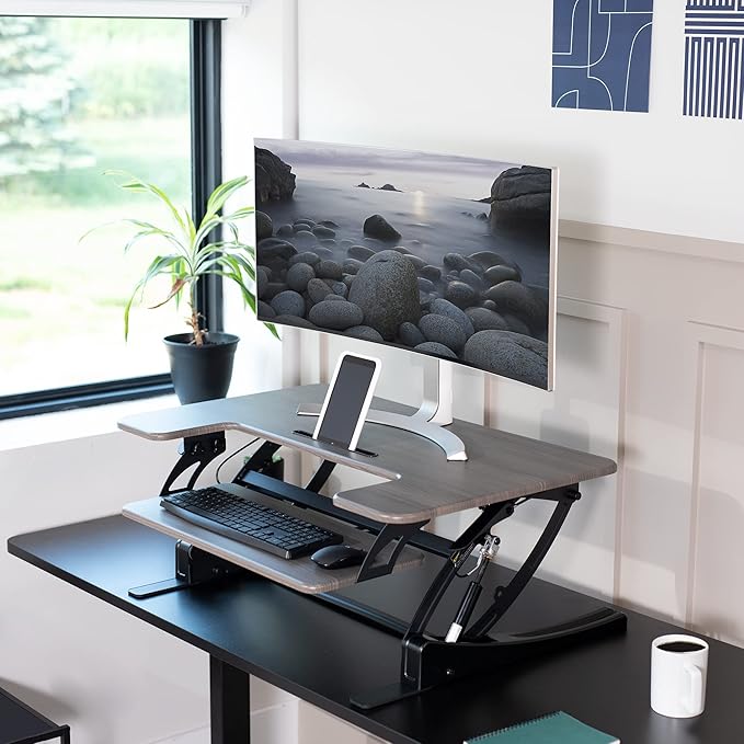 VIVO 36 inch Height Adjustable Stand Up Desk Converter, V Series, Quick Sit to Stand Tabletop Dual Monitor Riser Workstation, Gray Top, Black Frame, DESK-V000VG