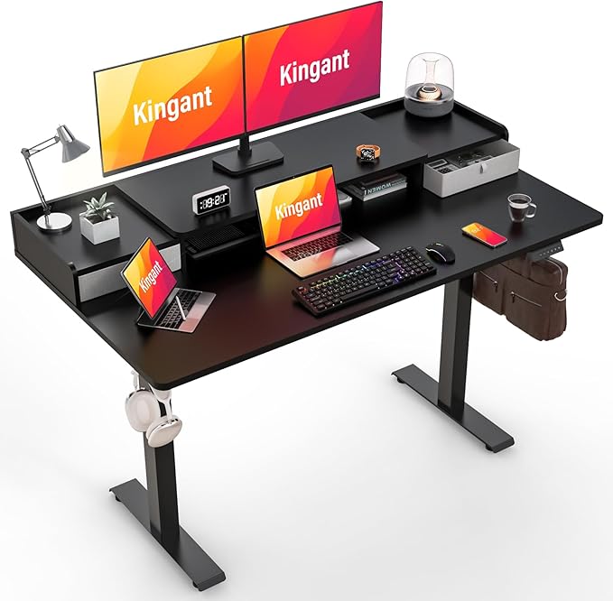 Kingant 63" x 30" Standing Desk with Drawers, Large Desktop, Ergonomic Sit Stand Desk for Home Office Work, Cable Management, 3 Preset Heights & 2 Hooks, Classic Black