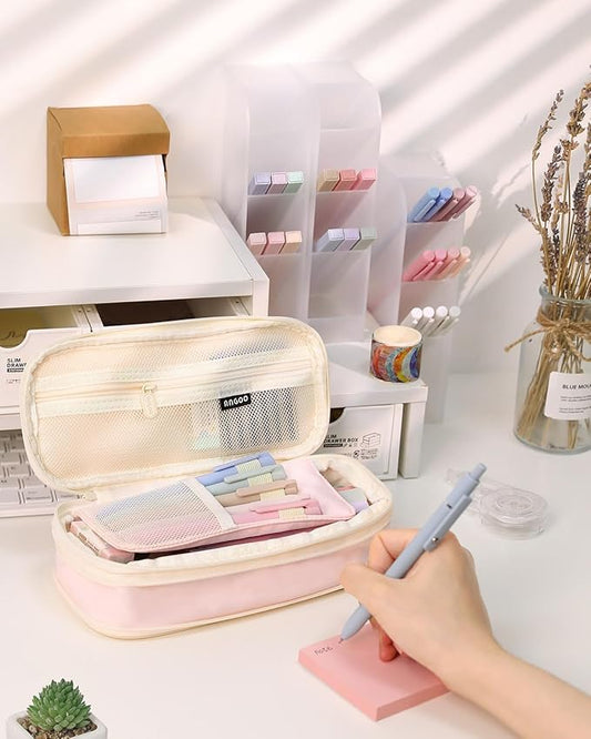 SKYDUE Cute School Supplies 44 PCS, Aesthetic Pencil Case with 12 Pastel Highlighters, 5 Black Gel Pens, 6 Color Gel Pens & Mechanical Pencils, College Essentials Students Stationary Set Pink