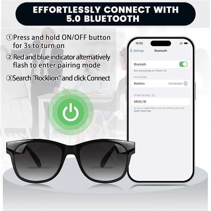 Bone Conduction Glasses with Open-Ear Headphones, Smart Glasses Dual Bluetooth Pairing, Blue Light Glasses, IP6 Waterproof, Hand-Free Calls and Music, Gifts for Dad, Dark Gray