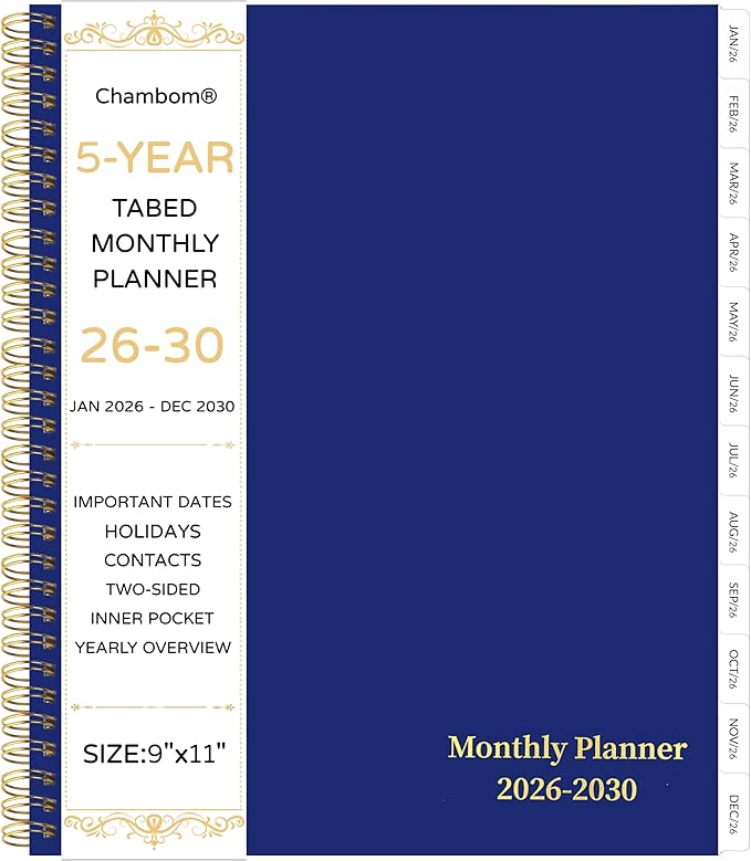 2026-2030 Monthly Planner, 5 Year Monthly Planner/Calendar 2026-2030, 60-Month Jan 2026 ā Dec 2030, 9" x 11", Tabs, Double-Side Pocket, Holidays, Thick Paper - Blue