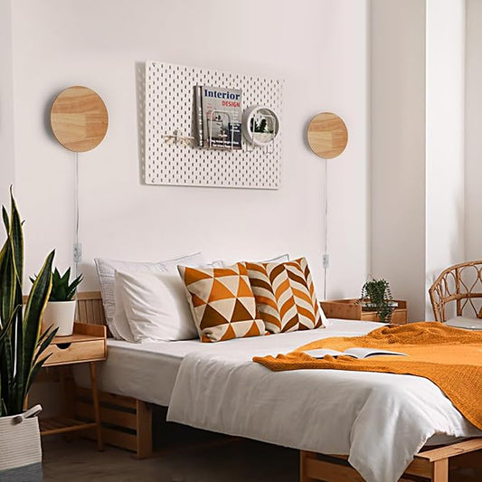 Modern Minimalist Plug in Wall Sconces, Plug-in Or Cordless 11.8'' Round Wood Backlight LED Wall Lamp, 25W, 2500LM Warm White Brightness Wall Light Fixtures for Bedroom, Living Room Wall Décor