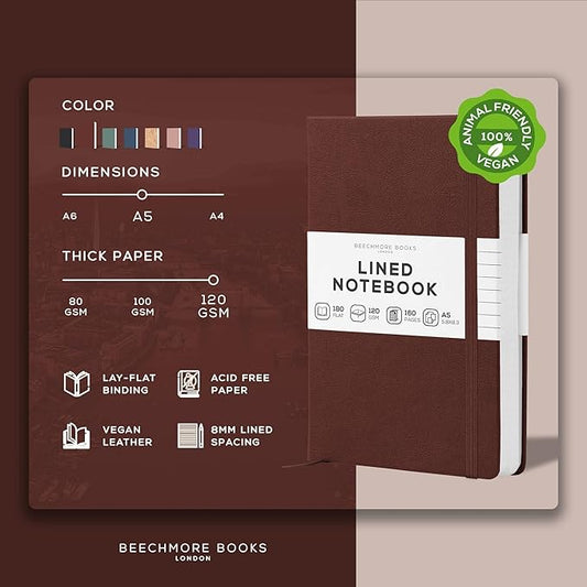 BEECHMORE BOOKS Lined Journal Notebook, 5.8 x 8.3 inch, A5 160 Lined Pages, Hardcover Leather Journals for Women, Men, Writing and Notebooks for Work - 120 GSM Thick Paper, Gifts Box Included (Chestnut Brown)