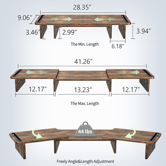 Zimilar Dual Monitor Stand Riser, Monitor Stand with Adjustable Length and Angle, Wood Monitor stand for desk, Monitor Riser for 2 monitors with Storage Space(Rust Brown Large)