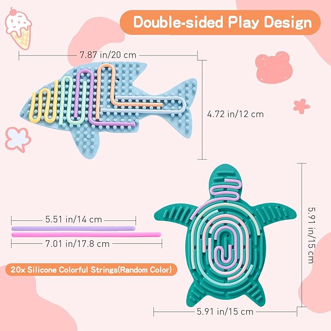 2 Pack Sensory Activity Board with 20 Random-Color Strings, Double-Sided Silicone Sensory Fidget Toy for Kids and Adults with Autism, ADHD, Silent, Stress Relief, Calming, Focus, Gift for Girls Boys