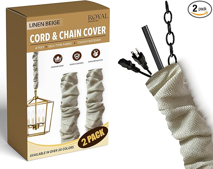 Royal Designs, Inc. Cord & Chain Cover 4 ft Silk Type Fabric, Chandelier Pendant Lighting Chain & Cable Management, Touch Fastener, Linen Beige - 2 Pack