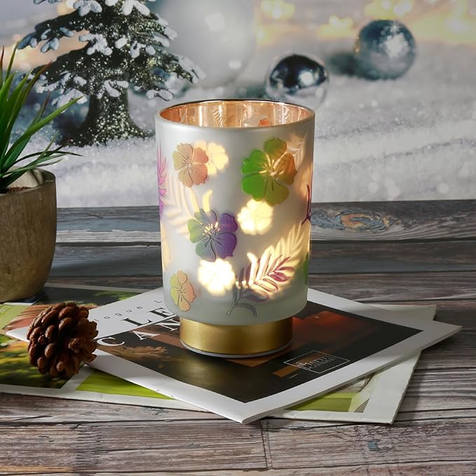 Eywamage Small Battery Operated Table Lamp, Glass Floral Lamp with Remote Timer, Cordless Accent Lamp Light for Bedroom Living Room