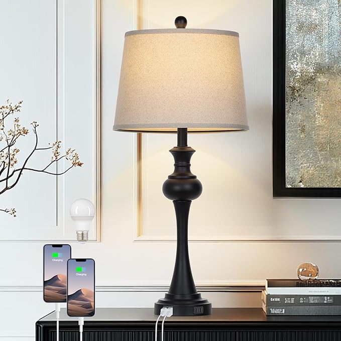 28.75'' Modern Black Metal Table Lamps Living Room Lamp for Nightstand Bedside End Lamp Home Decor Touch Lamp Modern Lamps with USB A+C Ports & Outlets (Bulb Included)