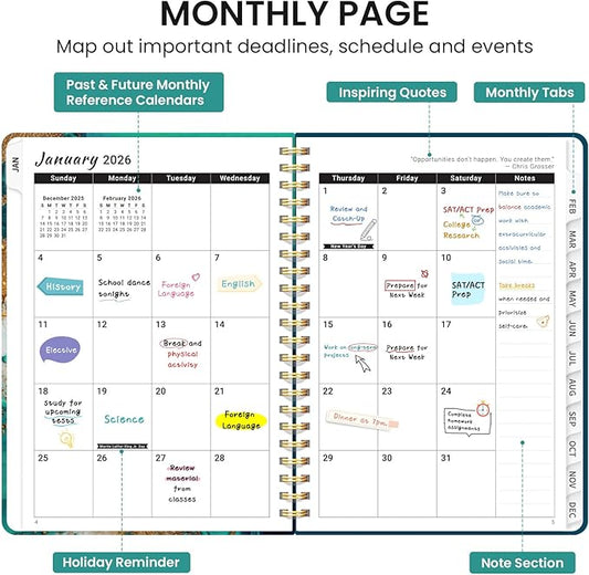 2026 Planner, Monthly and Weekly Calendar Planner for Women, January 2026 - December 2026, Hardcover Pretty 2026 Agenda Planner Book with Tabs, Spiral Bound, Perfect for School Office Home Supplies, 6.3" x 8.5" - Emerald Shores