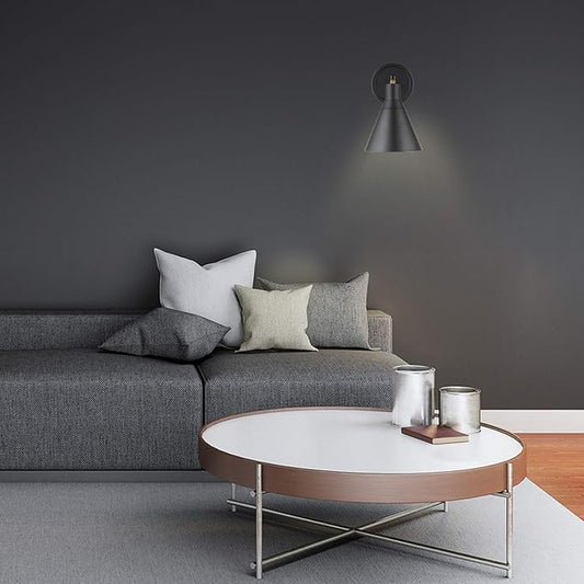 GLOBE Electric 51725 1-Light Dimmable Plug-in or Hardwire Wall Sconce, Matte Black, Faux Walnut Accent, Stepless Dimming Rotary Switch on Canopy, Black Fabric Cord, Bulb Not Included