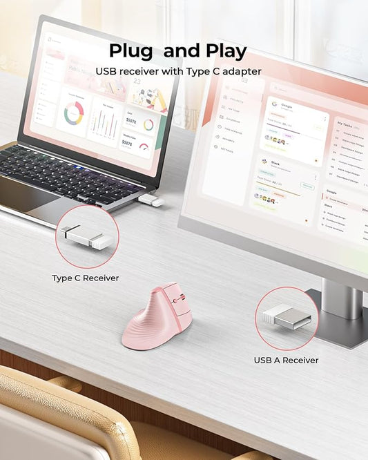 seenda Ergonomic Mouse Rechargeable, 2.4G USB & Type C Vertical Wireless Ergo Mouse with Instant Desktop Return Key, Quiet Click, Palm Rest, Anti-Slip Optical Mice for Mac OS, Windows, Pink