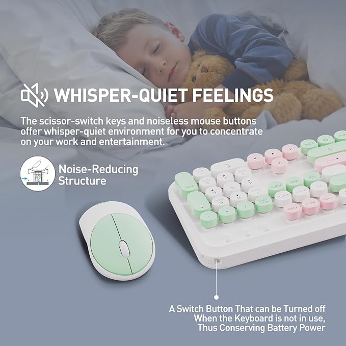 Wireless Keyboards Mouse Combos, Colorful Cute Typewriter Full-Size Retro Round Creamy Keyboard, 2.4GHz Sleep Mode Office Wireless Keyboard and Mouse Set for Desktop Laptop PC Computer