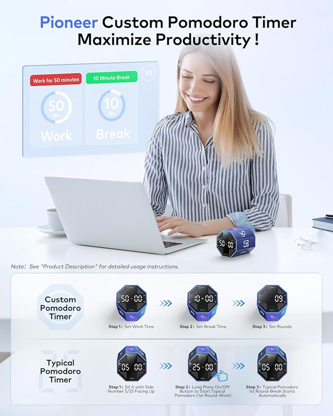 Pomodoro Timer Cube, Custom Pomodoro, Pause & Resume, Silent, Vibrate & Adjustable Sound Alert, for ADHD, Task, Work, Study, 3/5/10/15/30/45/60min & Custom Countdown, Blue