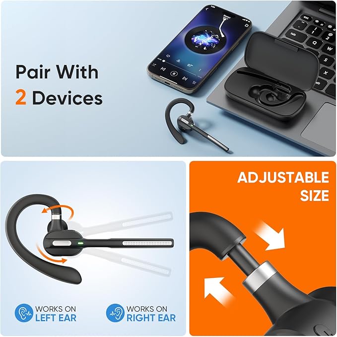 Wireless Work Bluetooth Headset with Microphone 500mAh Charging Case USB Dongle Call Noise Canceling Mic for PC Computer, Laptop, Cell Phones, Remote Work, Call Center, Trucker Work