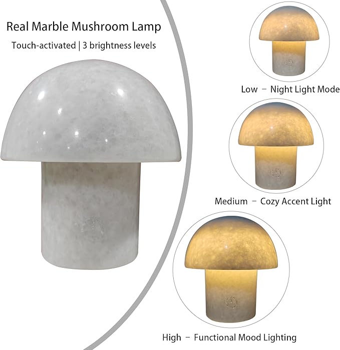 Rechargeable Mushroom Night Light - Dimmable Natural Marble Stone Table Lamp, LED Touch Light for Bedside, Meditation, Entryway, Gift Idea