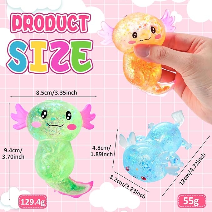 Meooeck 12 Pack Axolotl Stress Relief Toys Glitter Axolotl Starfish Stress Balls Fun Relaxing Squeeze Fidget Toys Relieve Anxiety Squeeze for Birthday Party Goodie Bag Stuffers(Mixed Style)