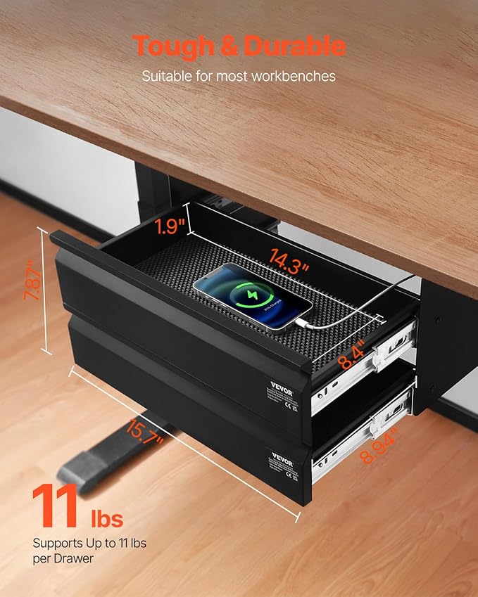 VEVOR Under Desk 2 Layer Slide Out Drawer, 16 inch Under Desk Pull-out Drawer for Home Office Sit Stand Workstation, Black