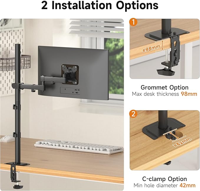 Bracwiser Single Fully Adjustable Standing Height Monitor Arm Stand Mount 800mm Tall for Monitor Computer Screen 13 15 17 19 20 22 23 24 26 27 30 32 inch VESA 75 100 (MD7821)