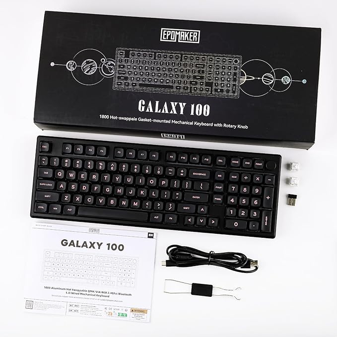 EPOMAKER Galaxy100 QMK/VIA Wireless Gaming Keyboard, Aluminum Shell, Bluetooth/2.4Ghz/USB-C, Pre-Lubed Hot-Swappable Linear Switches, NKRO, RGB Backlit (Black, Wisteria Linear Switch)
