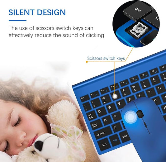 TopMate Wireless Keyboard and Mouse Ultra Slim Combo, 2.4G Silent Compact USB Mouse and Scissor Switch Keyboard Set with Cover, 2 AA and 2 AAA Batteries, for PC/Laptop/Windows/Mac - Blue Black
