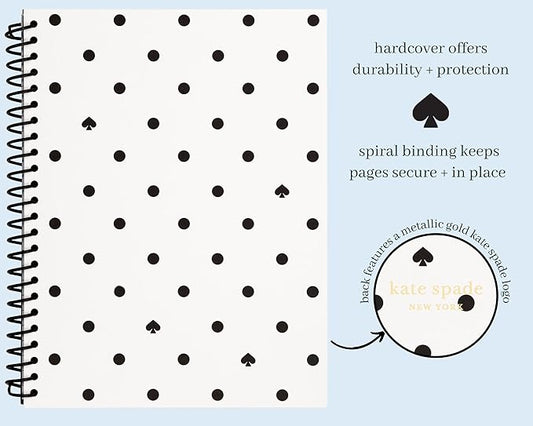 Kate Spade New York Black/White Mini Spiral Notebook, 8.25" x 6.75" Journal Notebook with 112 Lined Pages, Black Spade Dot