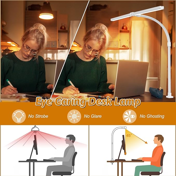 Double Head LED Desk Lamp with Remote Control for Home Office 24W Brightest Computer Desk Light for Workbench Drafting Architect Study Reading with Anti-Glare Cover
