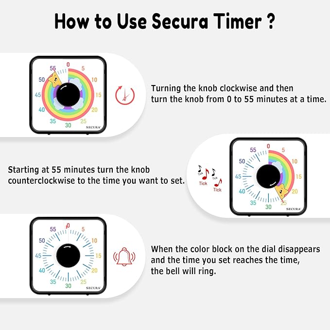 Secura 60-Minute Visual Timer, 7.5 Inch Magnetic Rainbow Countdown Timer for Classroom or Kitchen, Durable Mechanical Timer Clock with Magnetic Backing (Black & Star)