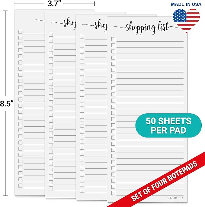 321Done 4-Pack Shopping List Notepad, 3.7x8.5 - Made in USA, Handheld Grocery List, Store, Market - Pad for Planning, Organizing, Meal Prep