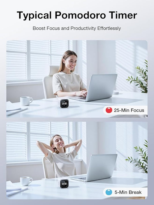 TK3 Pomodoro Timer Cube, Desk Productivity Timer with 5/10/30/60 Min Presets, Custom Countdown, Stopwatch, Clock, 3 Alarm, Silent, Vibrate & Sound Alert, for Task, ADHD, Study, Kitchen, White