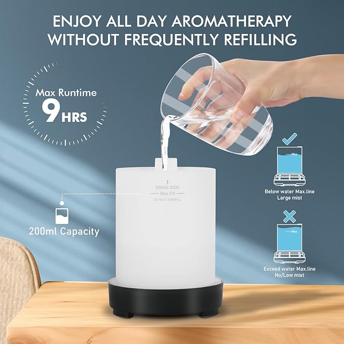 Essential Oil Diffuser Aroma Diffuser- 200 ml Art Glass Ultrasonic Cool Mist Oil Diffuser for Aromatherapy Waterless Auto-Off & 7 Colors Changed LED Light for Home Office Decor & Gift(200ml-Watertank)