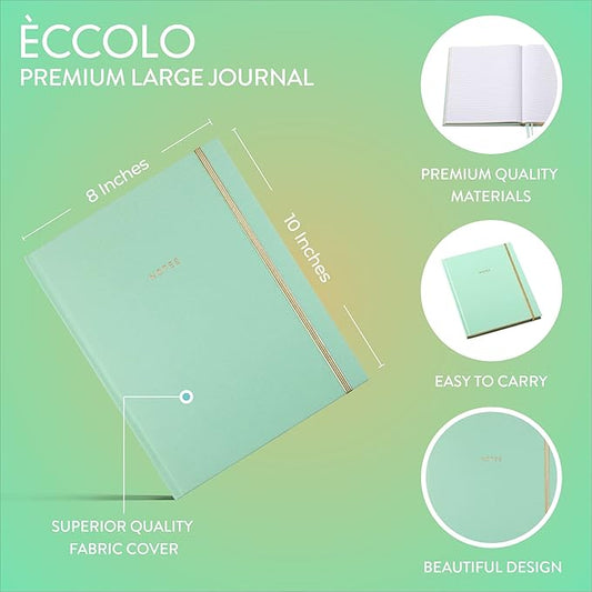 WORLD TRAVELER Eccolo Large Lined Journal Notebook, Fabric Hardcover, Writing Journal, 256 Ruled White Pages, Gilded Edge, Elastic Band, 3 Ribbon Bookmarks, Lay Flat (Mint, 8x10 inches)