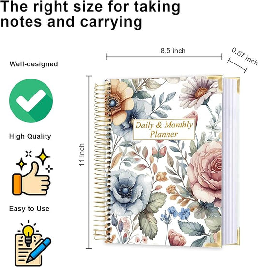 Undated Daily Monthly Planner for 2025 2026 - A4 To Do List with Hourly Schedule, Hardcover Spiral Bound Daily Planner to Increase Focus, Stylish School/Office Supplies, 8.5" x 11", Flower