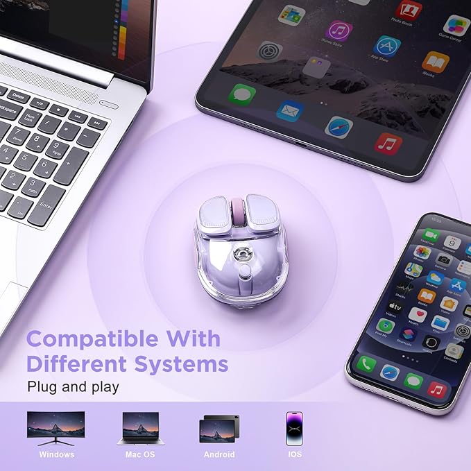 Q9 Chargeable Portable Silent 2.4GHz/Bluetooth Dual Mode Wireless Mouse, 4 Adjustable DPI,4800 DPI Optical Tracking Mouse with RGB Lighting, Compatible Win/Mac/Android/iOS(Purple)