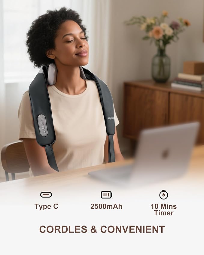 Cordless Neck and Shoulder Massager with Heat, Shiatsu Neck Back Massager Deep Tissue, 3 Massage Intensity & 3 Heating Area, Gifts for Women, Men