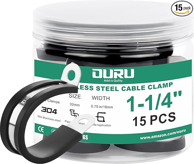 15pcs 1-1/4 Inch Stainless Steel Cable Clamps,Rubber Coated Cushioned Insulated Cable Clamp,Automotive Cable Wire Clamps,Pipe Clamps,Metal Clamp for Tube,Lines,Wire Cord Installation(Black,32mm)
