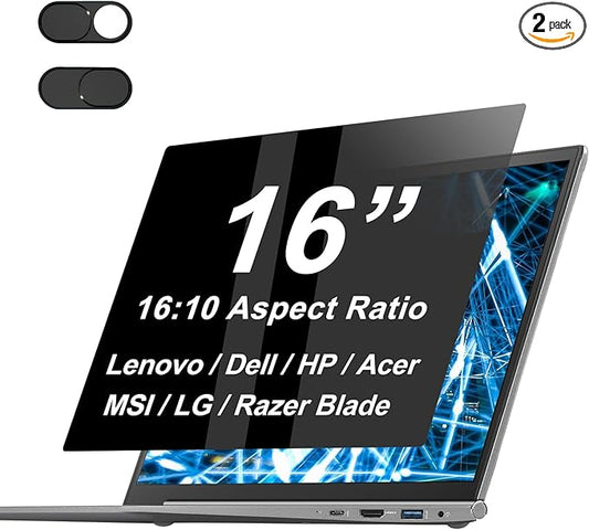 16" Laptop Privacy Screen Protector for Lenovo/HP/Acer/Dell (16:10 Aspect Ratio) Laptops, Anti-Glare Anti-Blue Light 16 Inch Privacy Screen Film Filter Bubble Free (with Metal Camera Cover)