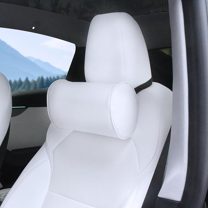 Car Headrest Pillow for Driving - Luxury Leather 100% Memory Foam, Ergonomic Neck Support - Universal Fit Head Rest Travel Pillow for Most Cars, Home & Office, White, 1 Pack